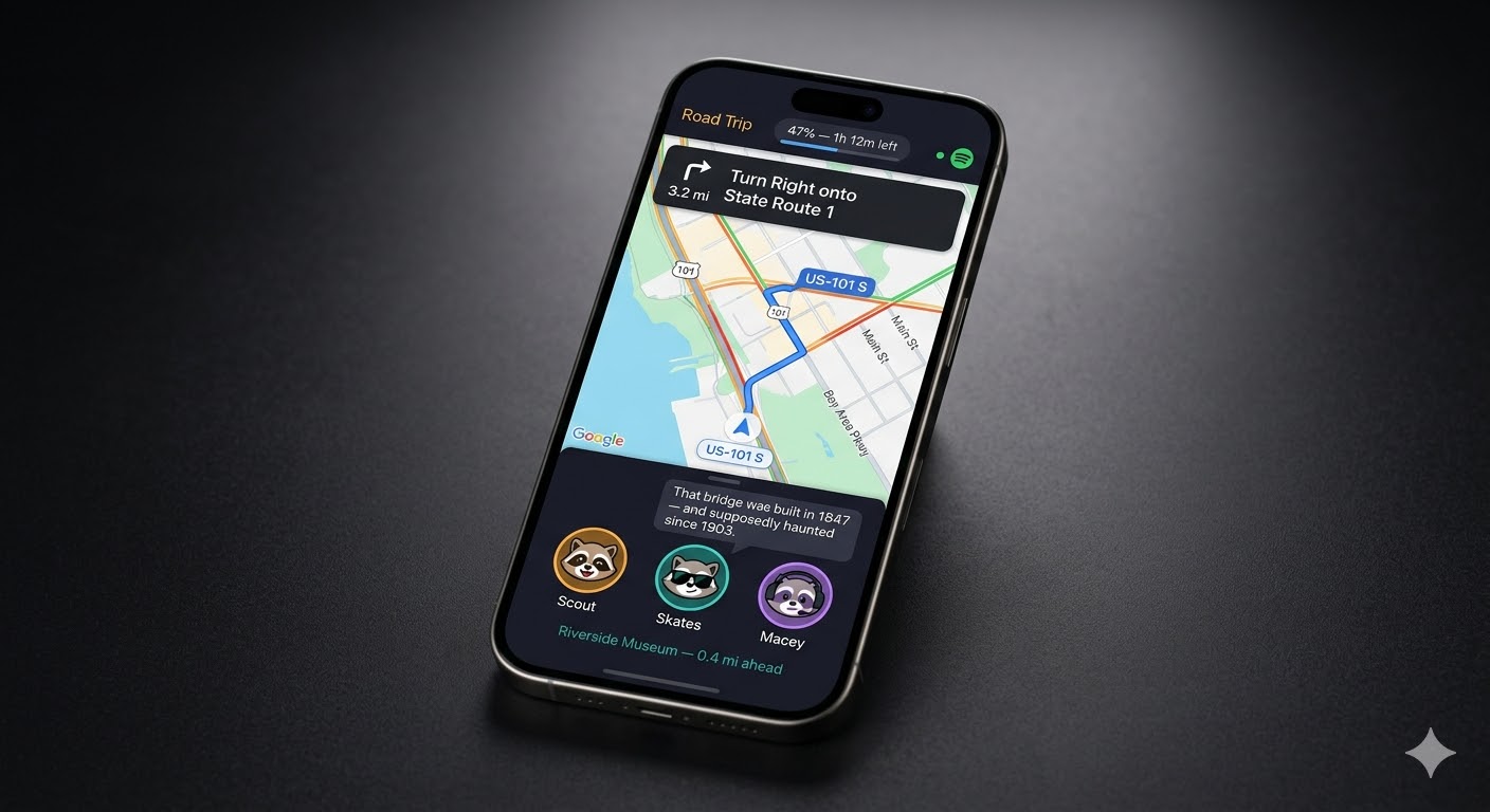 Road Trip app on iPhone — embedded maps, crew bar, Spotify integration, and POI discovery